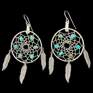 Vintage Turquoise Dreamcatcher Feather Dangle Earrings - Silver